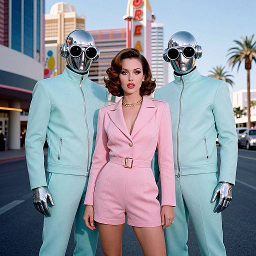 Photograph of a woman in a pink blazer and shorts, flanked by two silver-suited, helmeted men, in a sunny urban street
