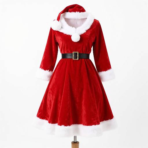 Photograph of a red Santa dress with white fur trim, black belt, and Santa hat, displayed on a white dress mannequin.