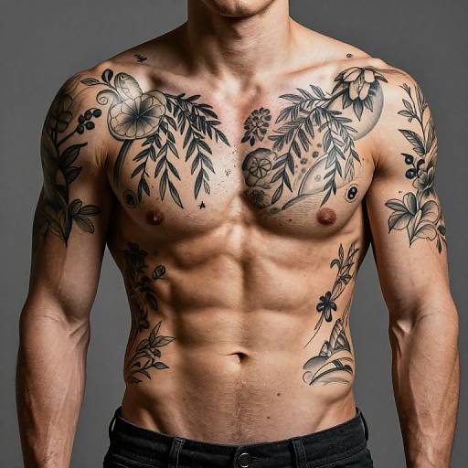 Muscular Tattooed Male Torso with Willow Pattern-Inspired Tattoos
