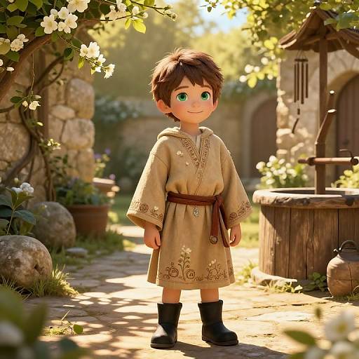 Curious Boy in Enchanted Courtyard