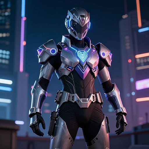 CGI image of a futuristic, armored superhero with glowing blue and purple accents, standing in a neon-lit cityscape at night.