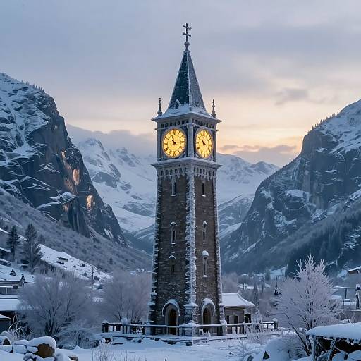 Icy Clock Tower in Snowy Mountain Valley