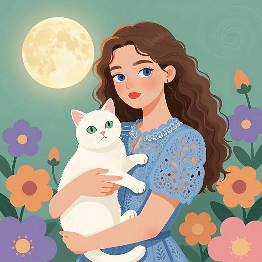 Enchanting Woman with Cat Under Moonlight