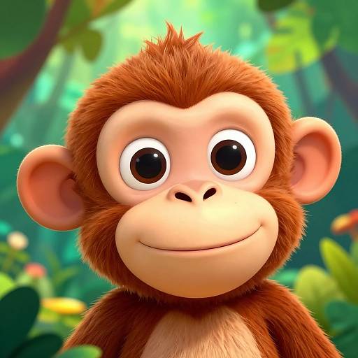 CGI cartoon image of a cute, smiling brown monkey with large, expressive eyes in a vibrant, green jungle background.