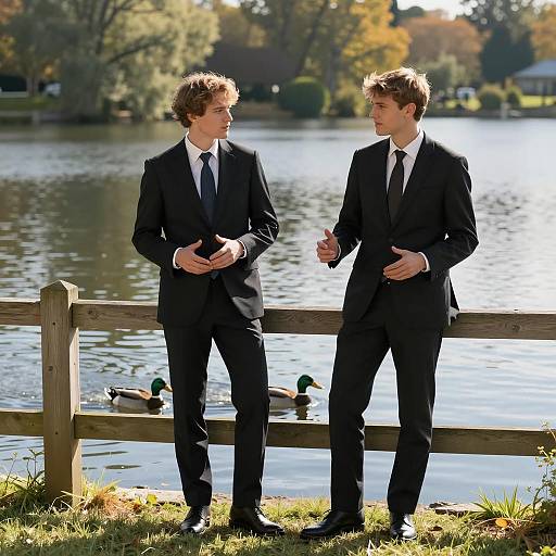 Two Men in Black Suits by Lake Fence