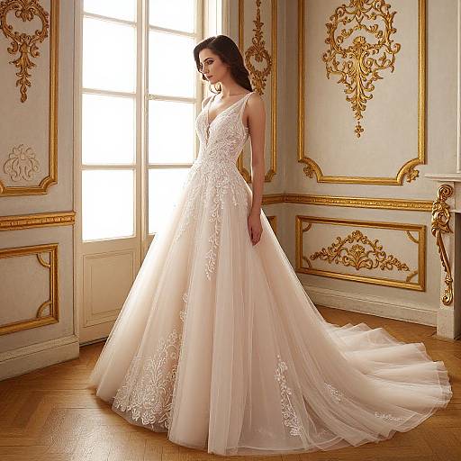 Photograph of a brunette woman in a delicate, lace-embellished, white ball gown with a long train, standing in an ornate,