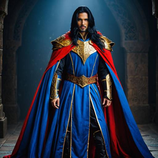 Medieval Fantasy Warrior in Blue and Red Costume