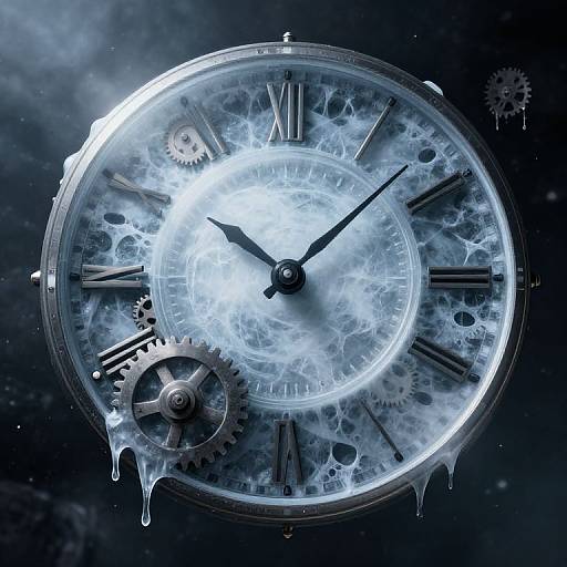Digital artwork of a steampunk clock face, icy blue hues, transparent glass with gears, dripping ice, Roman numerals, black background.