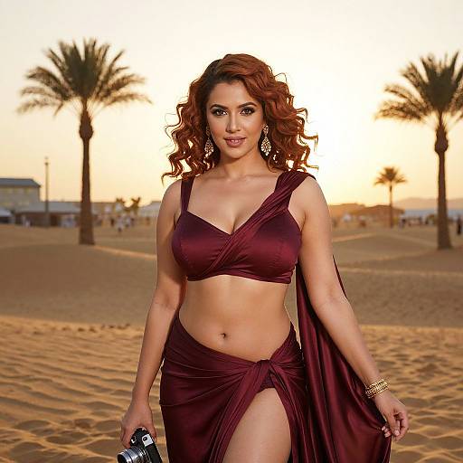 Photograph of a curvy, fair-skinned woman with wavy auburn hair, wearing a maroon wrap dress with a thigh-high slit