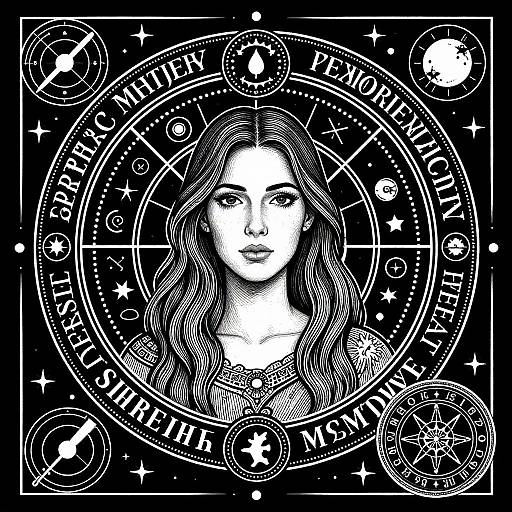 Black-and-white digital illustration of a woman with flowing hair surrounded by a detailed zodiac circle, stars, planets, and astrological symbols.