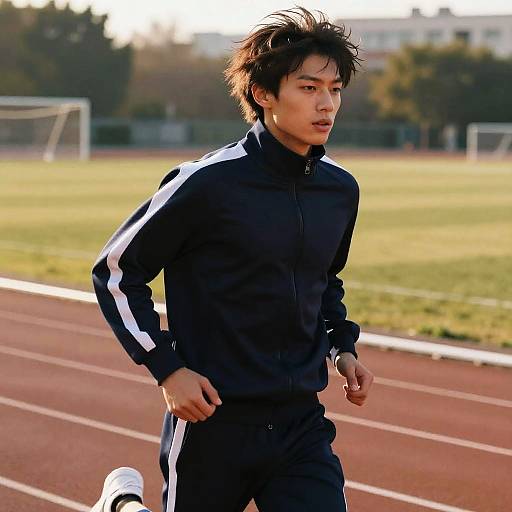 Photograph of an Asian male jogger with messy black hair, wearing a black track suit with white stripes, running on a red track field with green