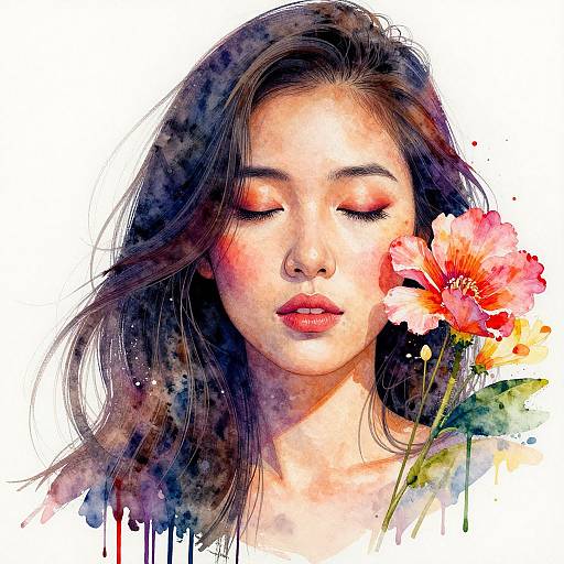 Watercolor portrait of a serene Asian woman with closed eyes, dark hair, and a pink flower on her cheek, against a white background.