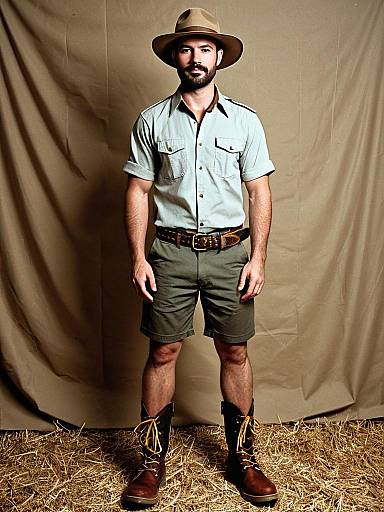Man in Safari Outfit Standing on Straw