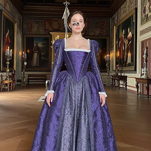 Photorealistic digital image of a young woman in an elaborate, dark blue, 18th-century ball gown with white lace, standing in an orn