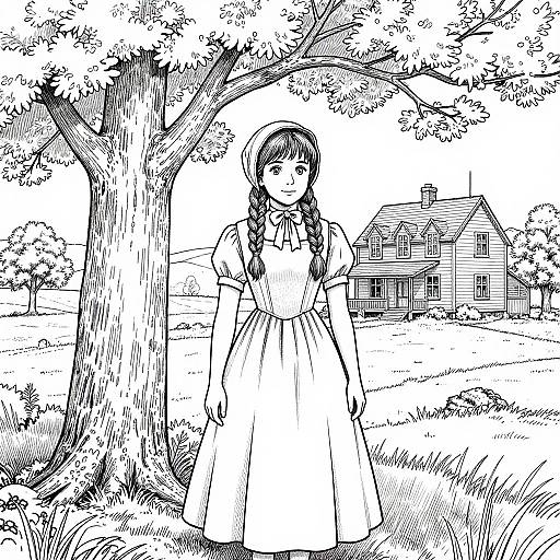 Black-and-white digital drawing of a young girl with braided hair in a vintage dress standing under a tree in front of a large, detailed house.