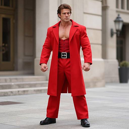 Photograph of a muscular man with short brown hair, wearing a red coat over a red shirt and pants, black belt, and shoes, standing confidently