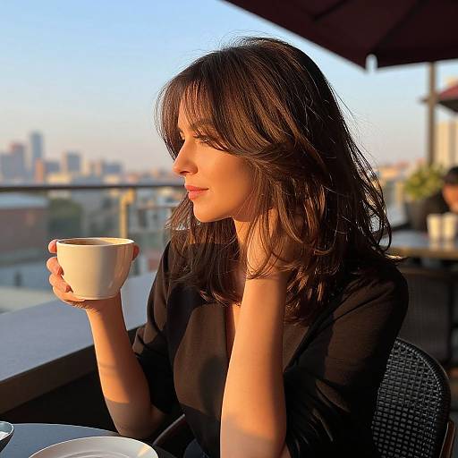Photograph of a woman with shoulder-length brown hair, wearing a black top, holding a white cup, seated on a rooftop terrace, bathed in