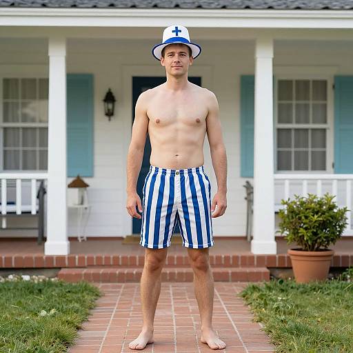 Photograph of a shirtless, young, Caucasian man with a blue and white striped hat and matching shorts, standing on a brick path in front of