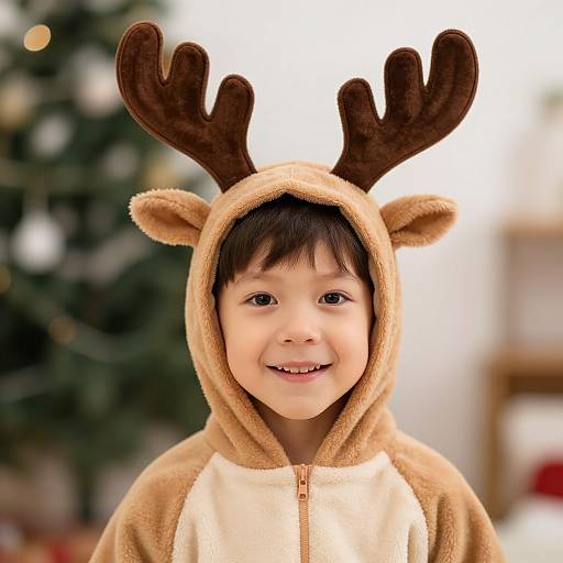 Photograph of a smiling young boy with light skin wearing a beige reindeer hooded sweatshirt with brown antlers, against a blurred Christmas tree background