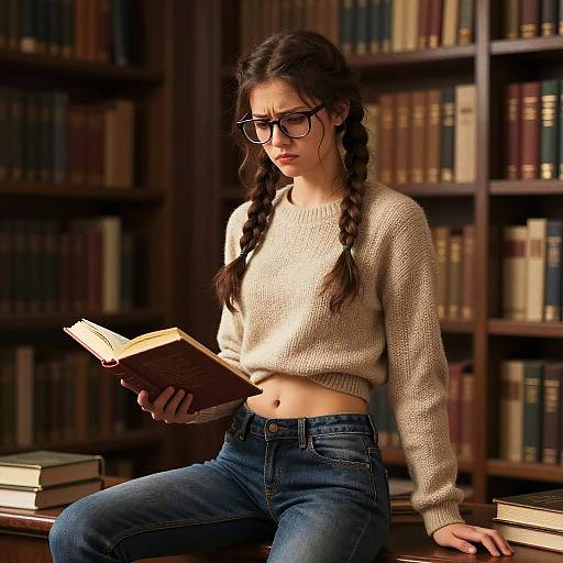 Photograph of a young woman with braided hair, glasses, beige sweater, blue jeans, reading a book in a dimly lit library.