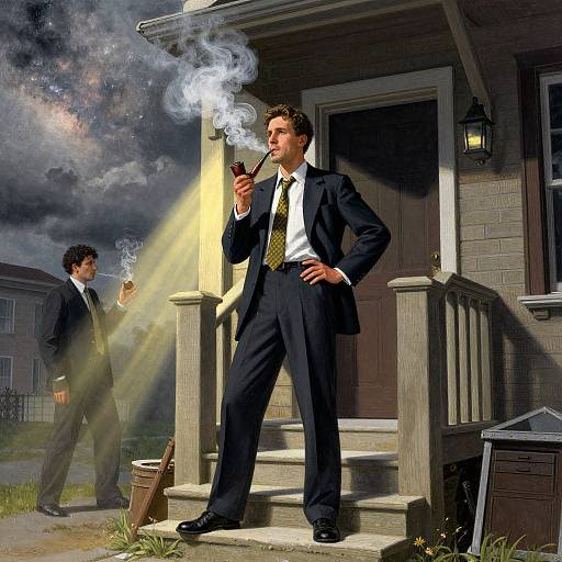 Photograph of two men in black suits, white shirts, and yellow ties smoking cigars on a suburban porch at night, with smoke and light rays creating