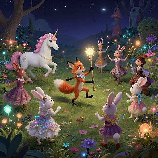 Enchanting night scene: fox leads six fairy-tale bunnies in dresses, holding candles, dancing with white unicorn under starry sky,