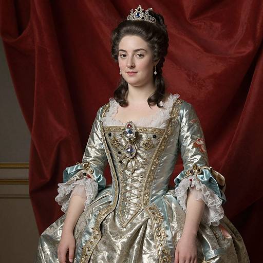 18th-century portrait of a noblewoman with fair skin and dark hair, wearing a silver-embroidered gown, diamond tiara, and pearl