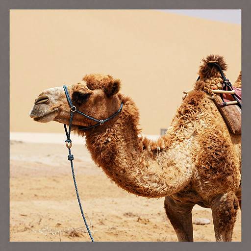 Photograph of a tan, fuzzy-cared camel with a blue halter and leash, standing in a sandy, sunlit desert.