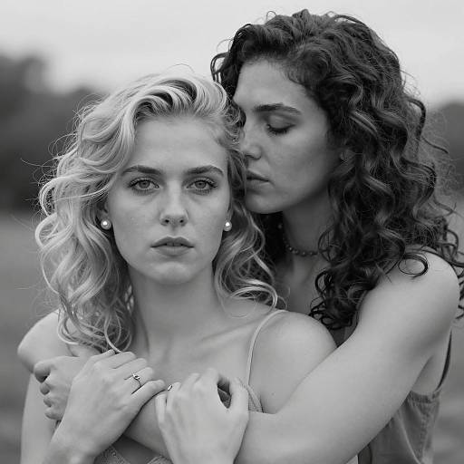 Black and White Portrait of Two Women Embracing