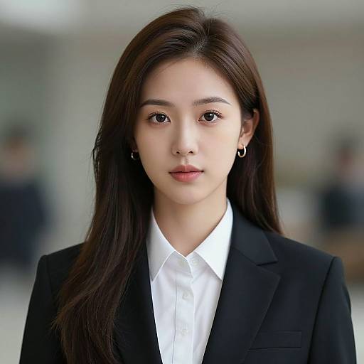 Photograph of an East Asian woman with long, straight black hair, wearing a black blazer and white shirt, looking directly at the camera with a