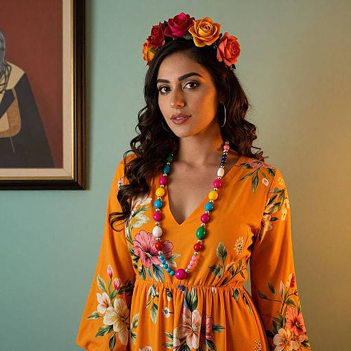 Vibrant Floral Dress with Rose Crown