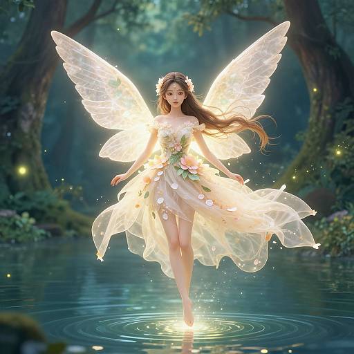 Digital artwork of a glowing fairy with translucent wings, wearing a flowing, flower-adorned dress, standing in a mystical forest pond at night.
