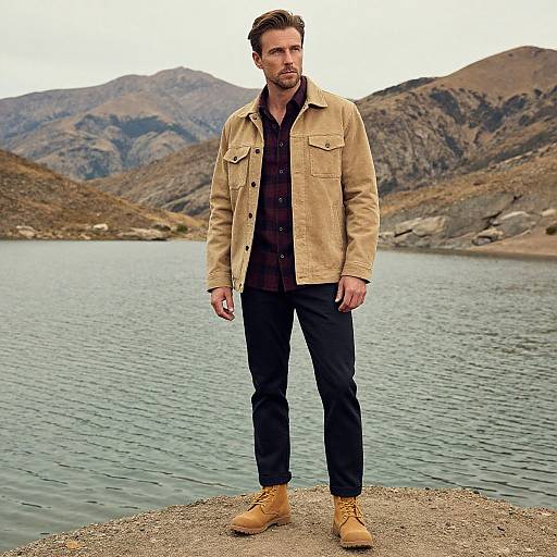 Photograph of a bearded man in a beige jacket, black shirt, black pants, and tan boots standing by a mountain lake.