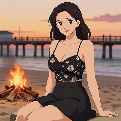 Digital anime-style drawing of a smiling woman with black hair, wearing a black floral crop top and black skirt, sitting by a beach bonfire at sunset