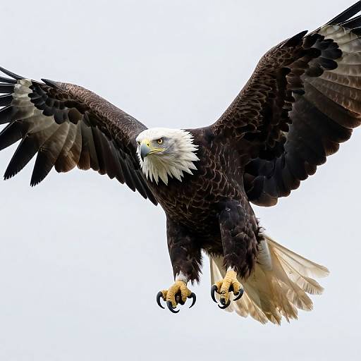 Photograph of a majestic bald eagle mid-flight, wings spread wide, sharp talons extended, white head contrasting with dark brown feathers, against a stark