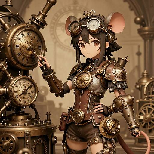 Steampunk anime girl with mouse ears and goggles, wearing brass armor and brown shorts, touches a large clockwork machine. Sepia-toned background