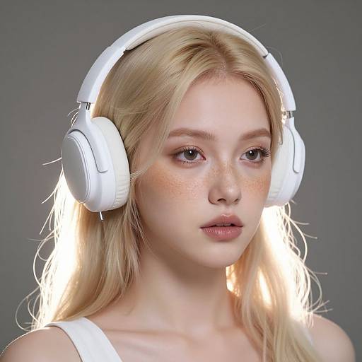 Photograph of a fair-skinned, blonde woman with freckles, wearing white headphones, and a white top, against a gray background.