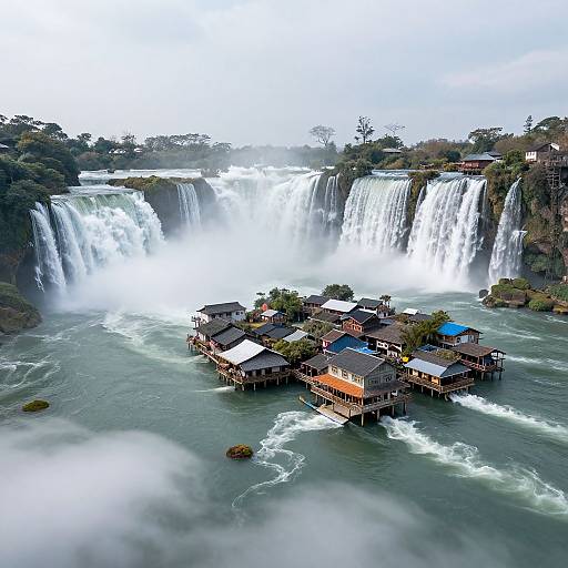 Photograph of a stunning waterfall cascading over a cliff, with wooden stilt houses with blue and orange roofs nestled in the foreground, surrounded by lush