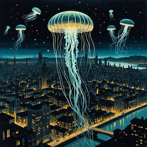 Luminous Jellyfish Over Cityscape