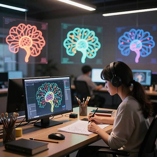 Photograph of a young woman with headphones, drawing a neon tree on a screen, surrounded by glowing neon trees in a modern, dimly lit workspace