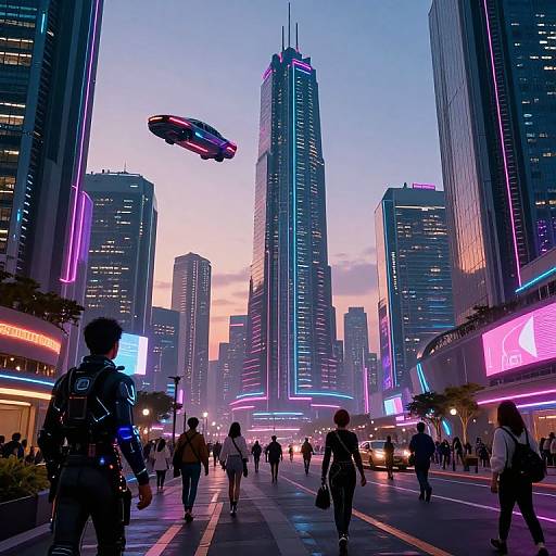 Neon-lit futuristic cityscape at dusk with flying car, tall skyscrapers, and bustling street; people walk beneath vibrant, glowing signs.