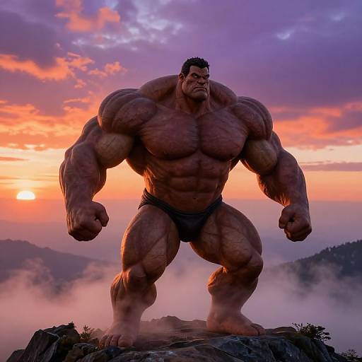 Photograph-style digital art of a hyper-muscular, shirtless man in black briefs, standing on a misty mountain at sunset with vibrant