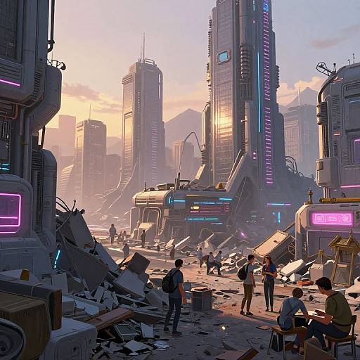 CGI sci-fi cityscape at sunset, featuring a devastated urban area with crashed buildings, neon-lit skyscrapers, and scattered debris. People