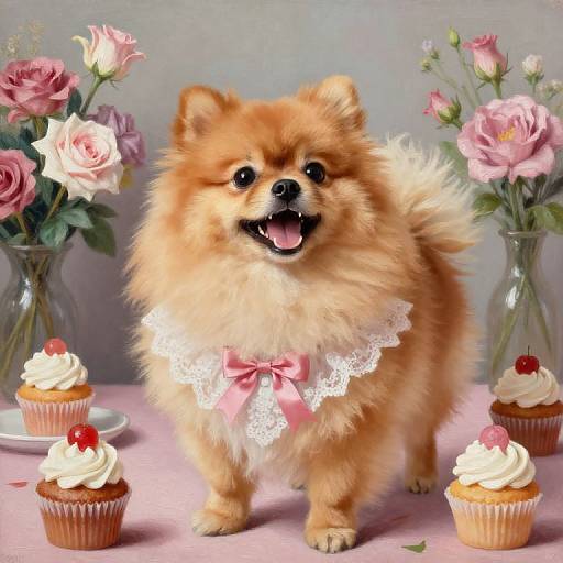 Photograph of a fluffy, tan Pomeranian with a pink bow, standing on a pink table with cupcakes and roses in vases.