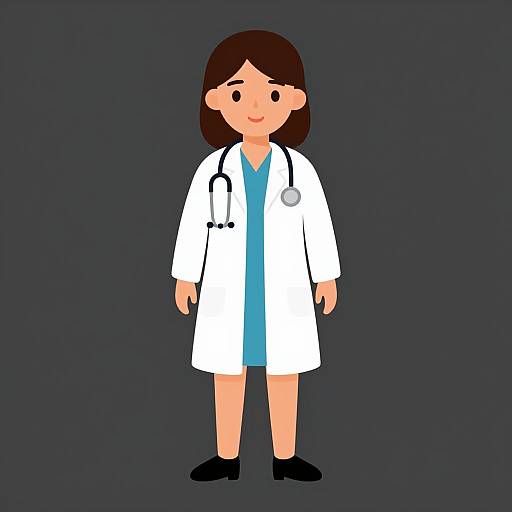 Digital illustration of a smiling female doctor with brown hair, wearing a white coat, blue dress, stethoscope, and black shoes.