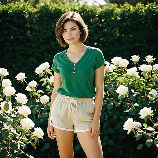 Young Woman in Garden with White Roses