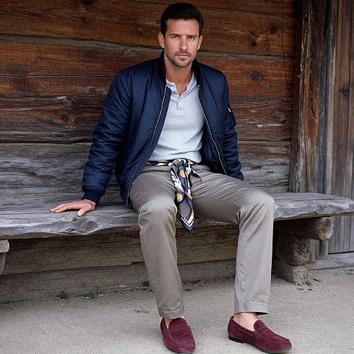 Photograph of a bearded man with short dark hair, wearing a black jacket, white shirt, beige pants, and maroon loafers, sitting