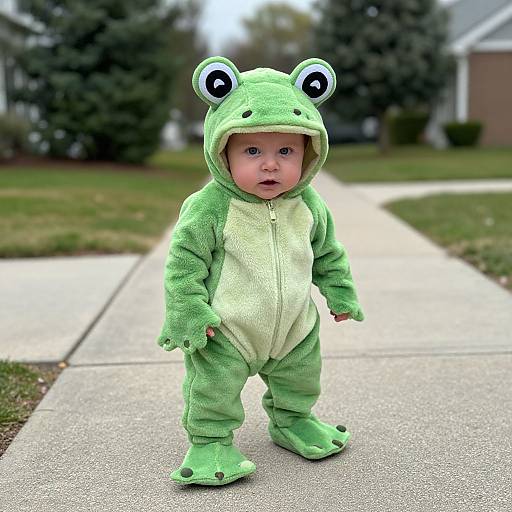 Photograph of a baby in a green frog onesie with hood and large eyes, standing on a suburban sidewalk.