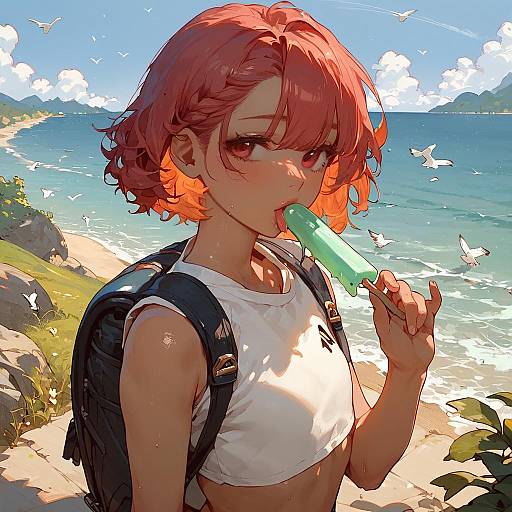 Anime Girl Enjoying a Popsicle by the Ocean