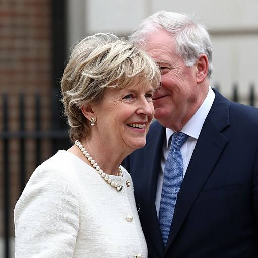 Photograph of elderly couple smiling; woman with short blonde hair, white pearl necklace, white dress, man in black suit, blue tie.